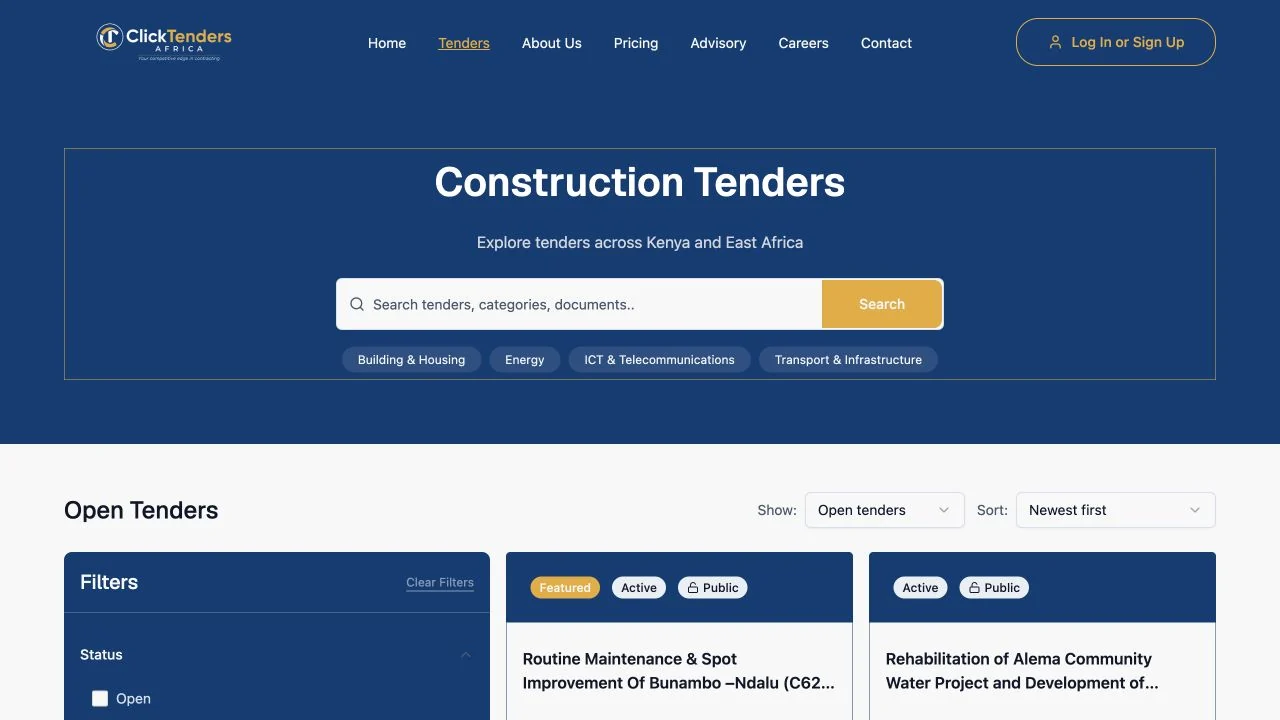Click Tenders Africa: Tender search and category filters